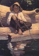 Worth Brehm Forntispiece illustration for The Adventures of Huckleberry Finn by mark Twain USA oil painting artist